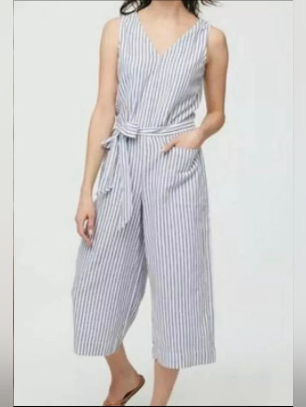 Beachlunchlounge Blue & White Striped Jumpsuit Wide Leg Cropped- XL